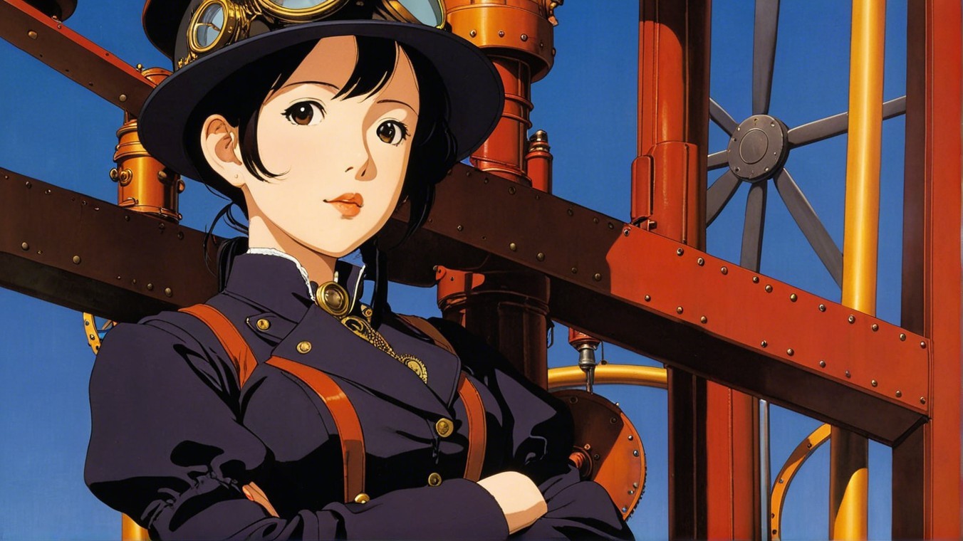 Young Woman in Steampunk Setting with Machinery