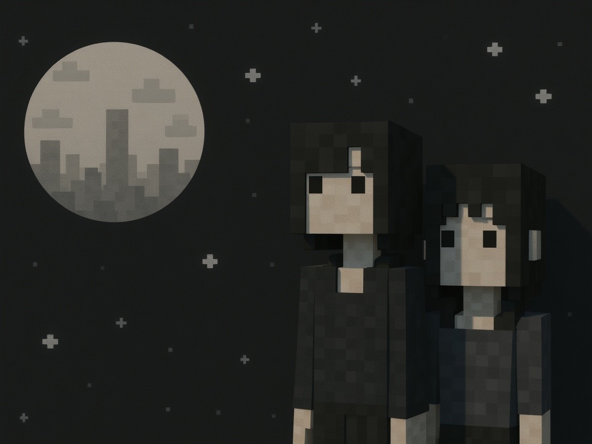 Pixelated Figures Under a Stylized Moonlit Sky