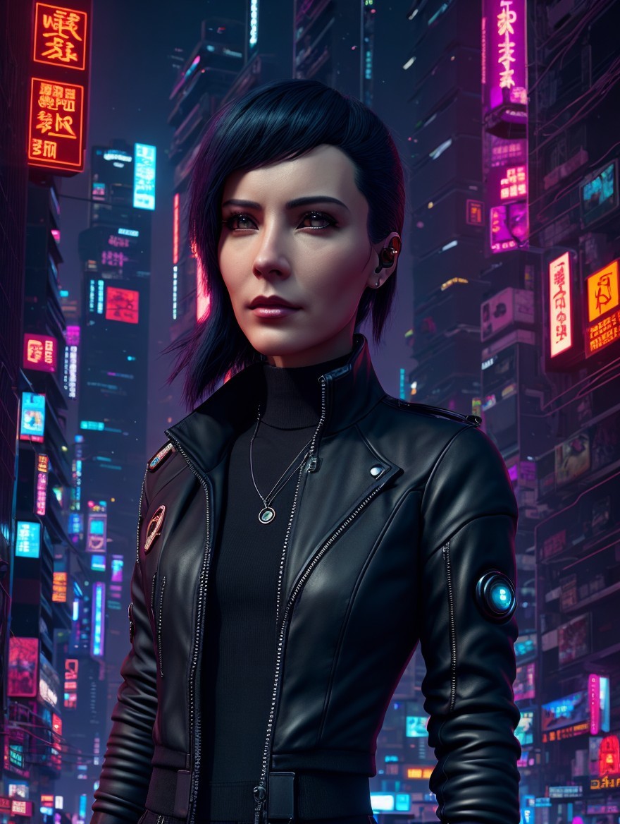 Young Woman in Futuristic Neon Urban Landscape