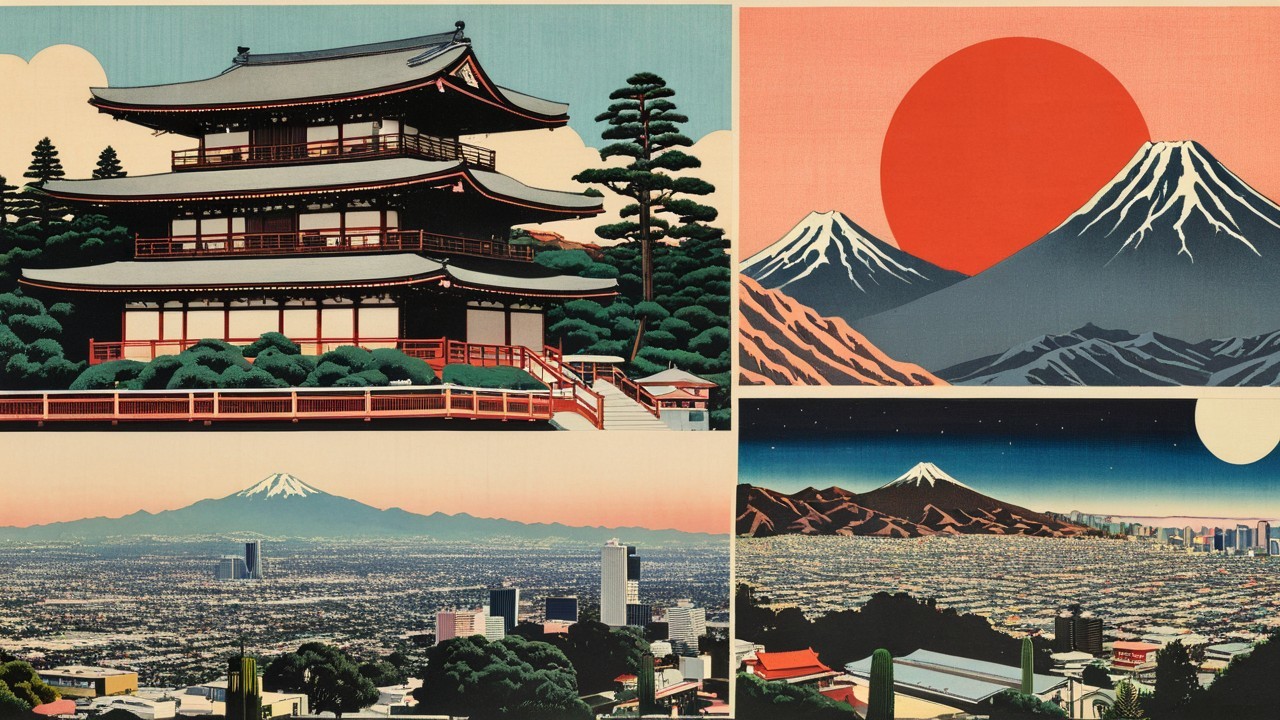 Ukiyo-e Collage of Japanese Landscapes and Scenes