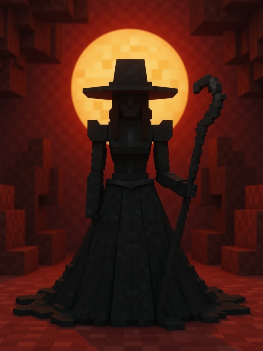 Silhouette of a Witch Against a Vibrant Orange Sun