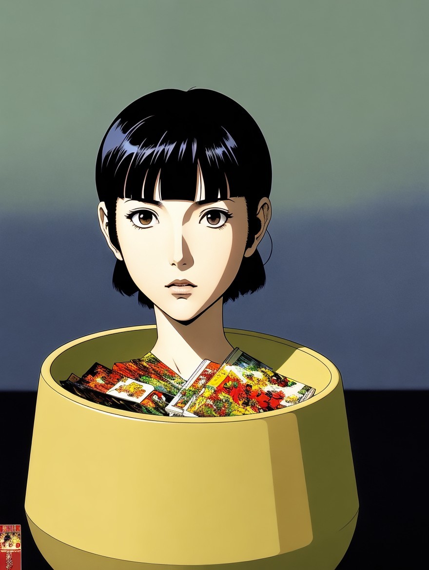 Surreal Illustration of Woman in Yellow Bowl with Cards