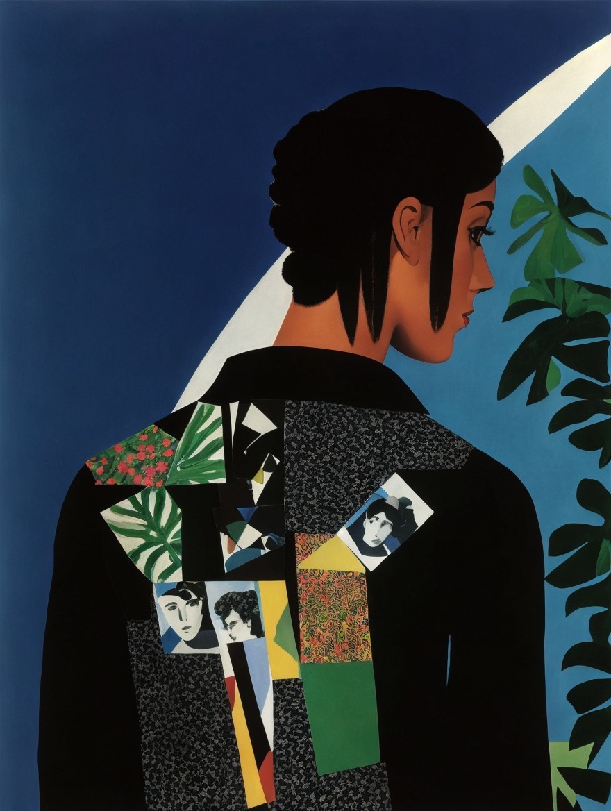 Stylized Profile of Woman with Colorful Jacket and Background