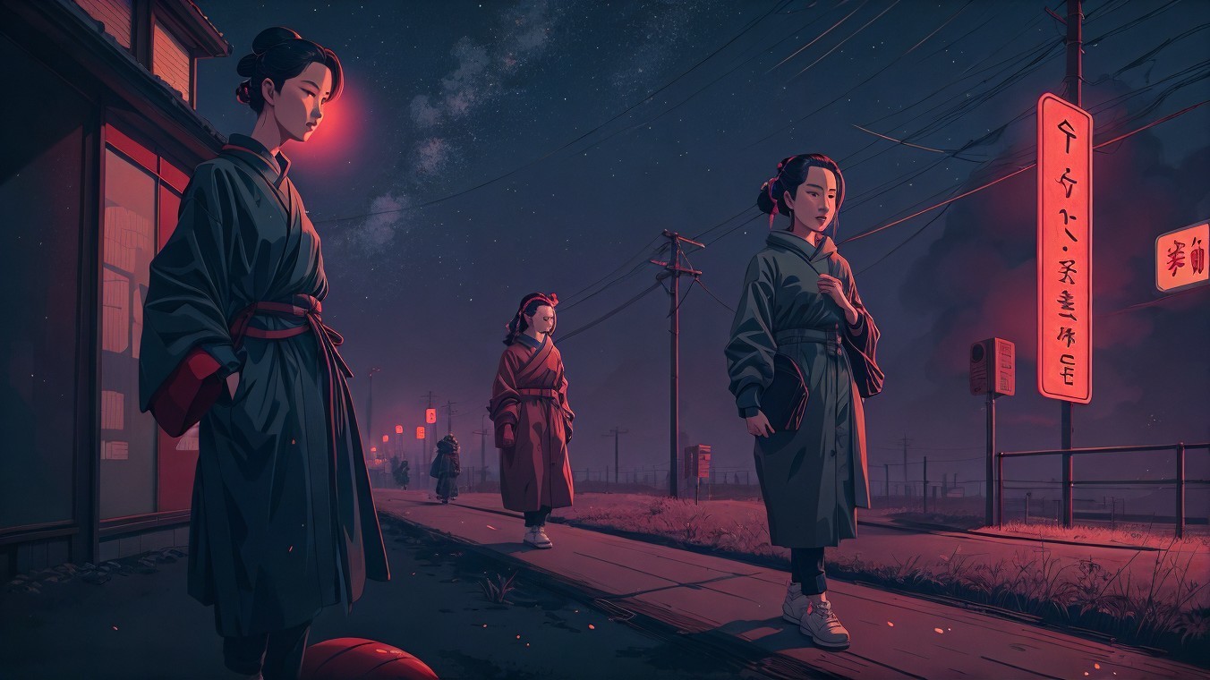 Traditional Kimono Women in Serene Night Scene