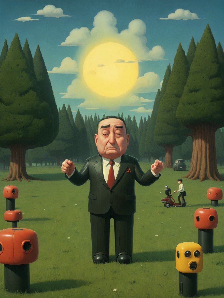 Character in Suit Surrounded by Whimsical Robots in Park