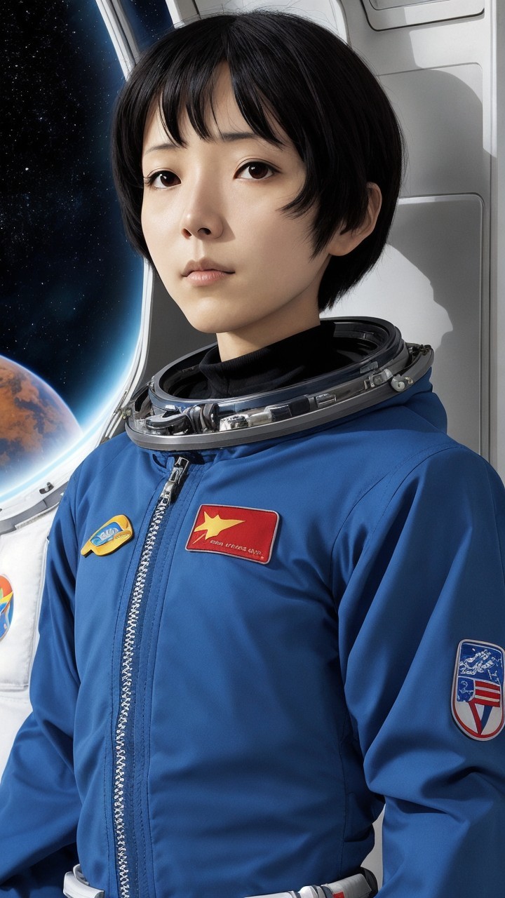 Young Astronaut in Blue Suit Against Space Background