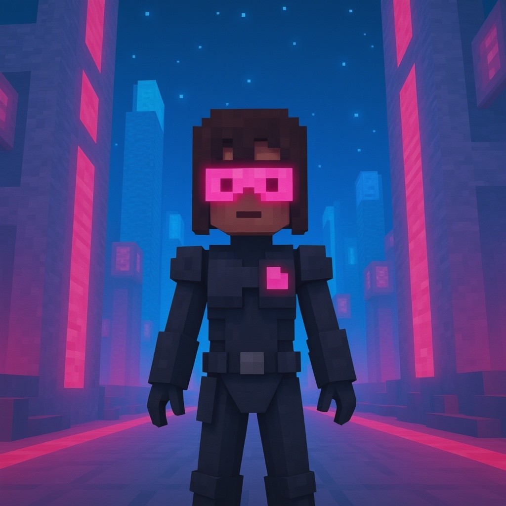 Pixelated Character in Futuristic Neon Cityscape