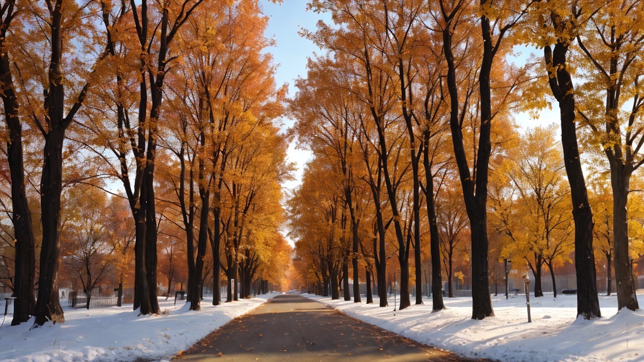 Autumn Pathway with Orange Leaves and Snow Dusting