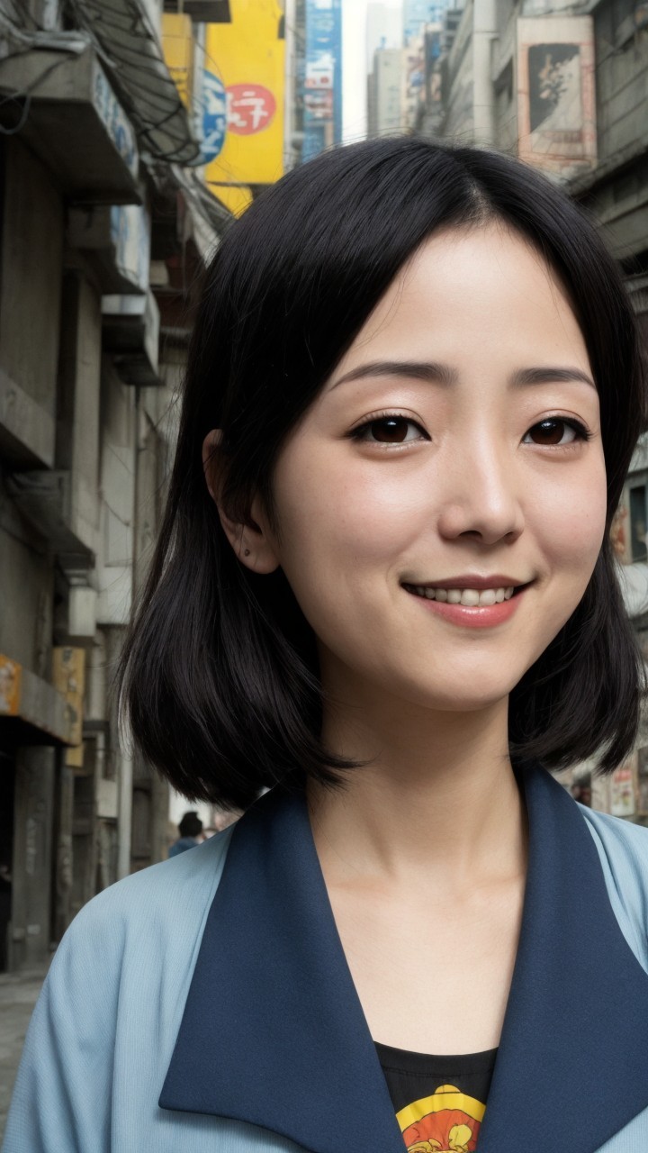 Portrait of Young East Asian Female in Cityscape Background