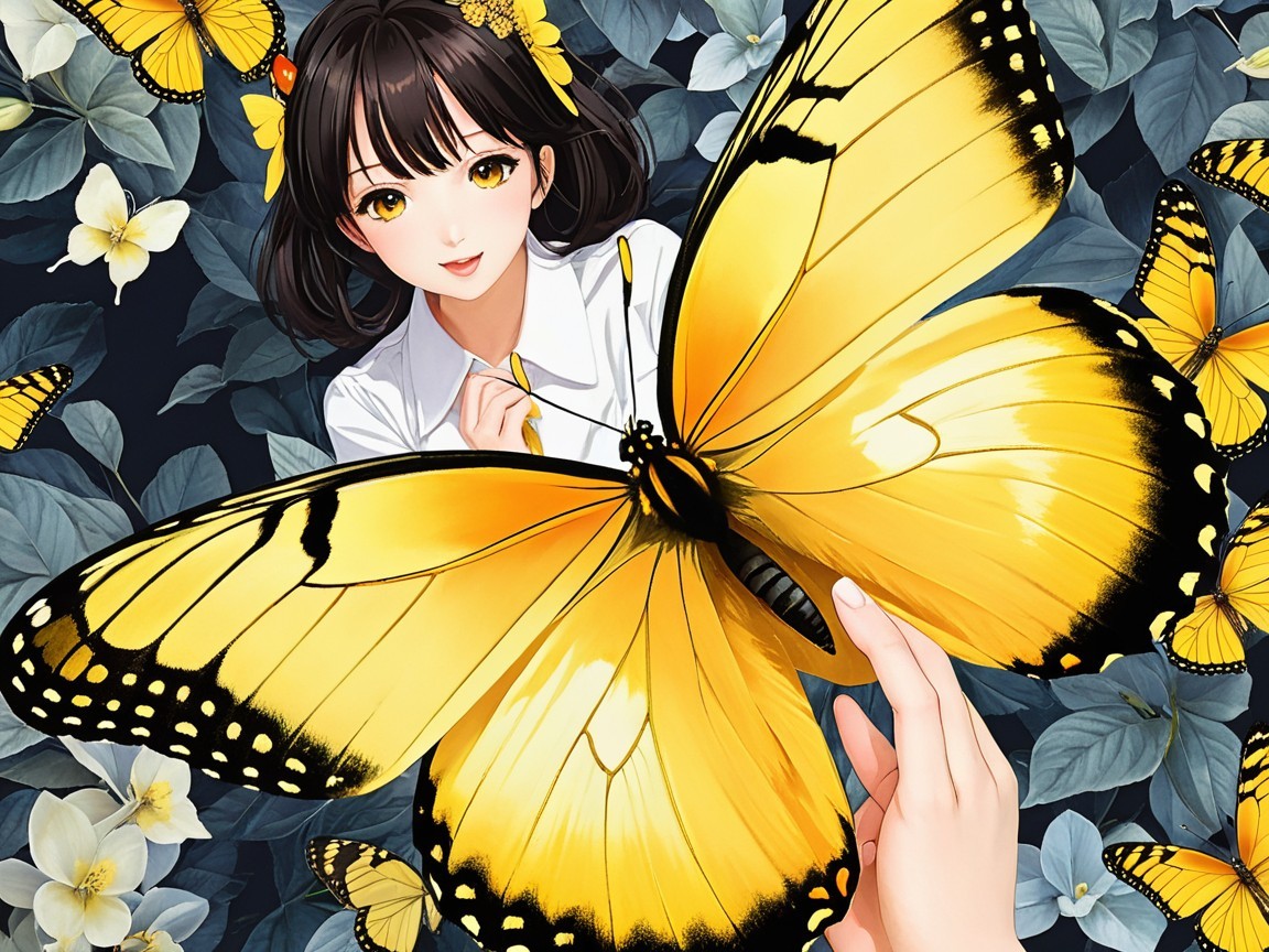 Young Woman Surrounded by Butterflies and Flowers