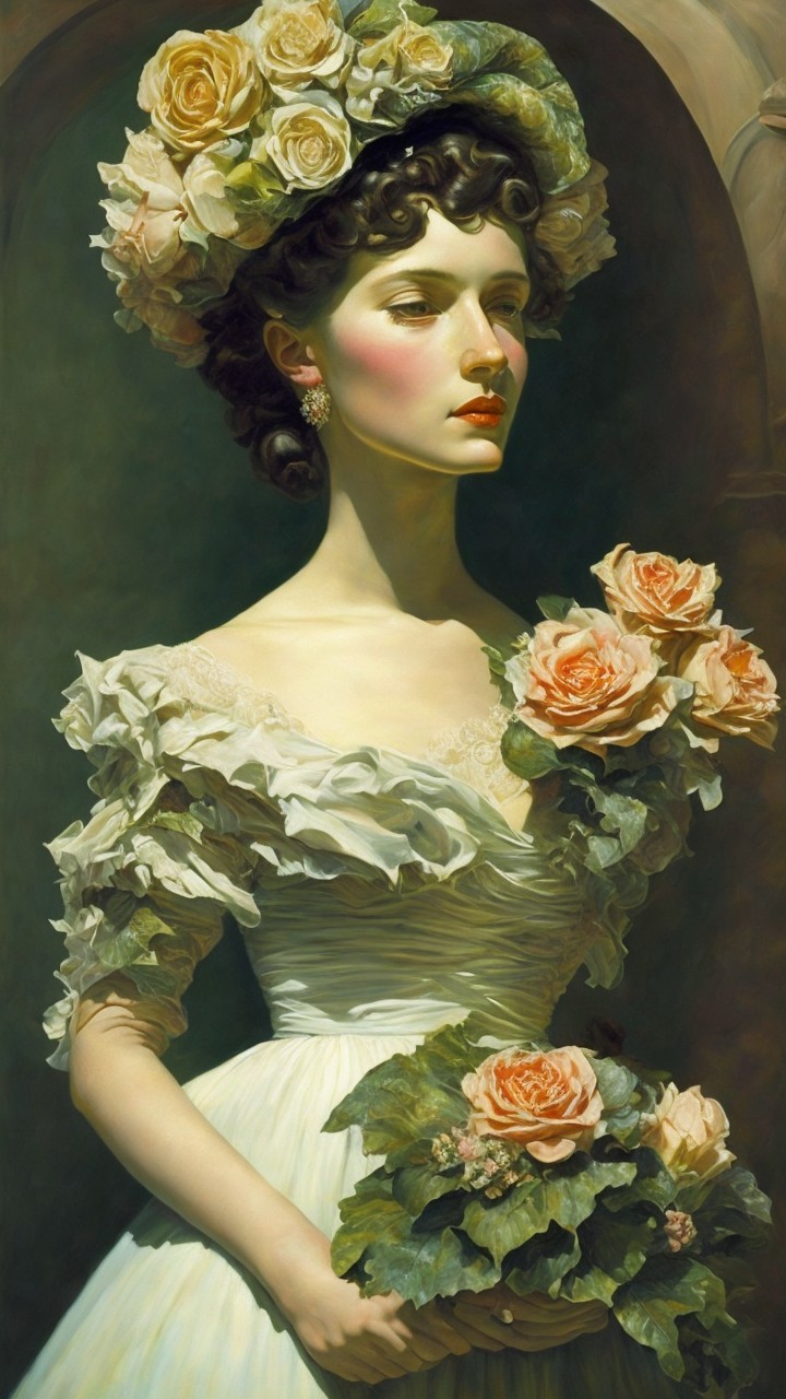 Graceful Woman in White Gown with Floral Accents