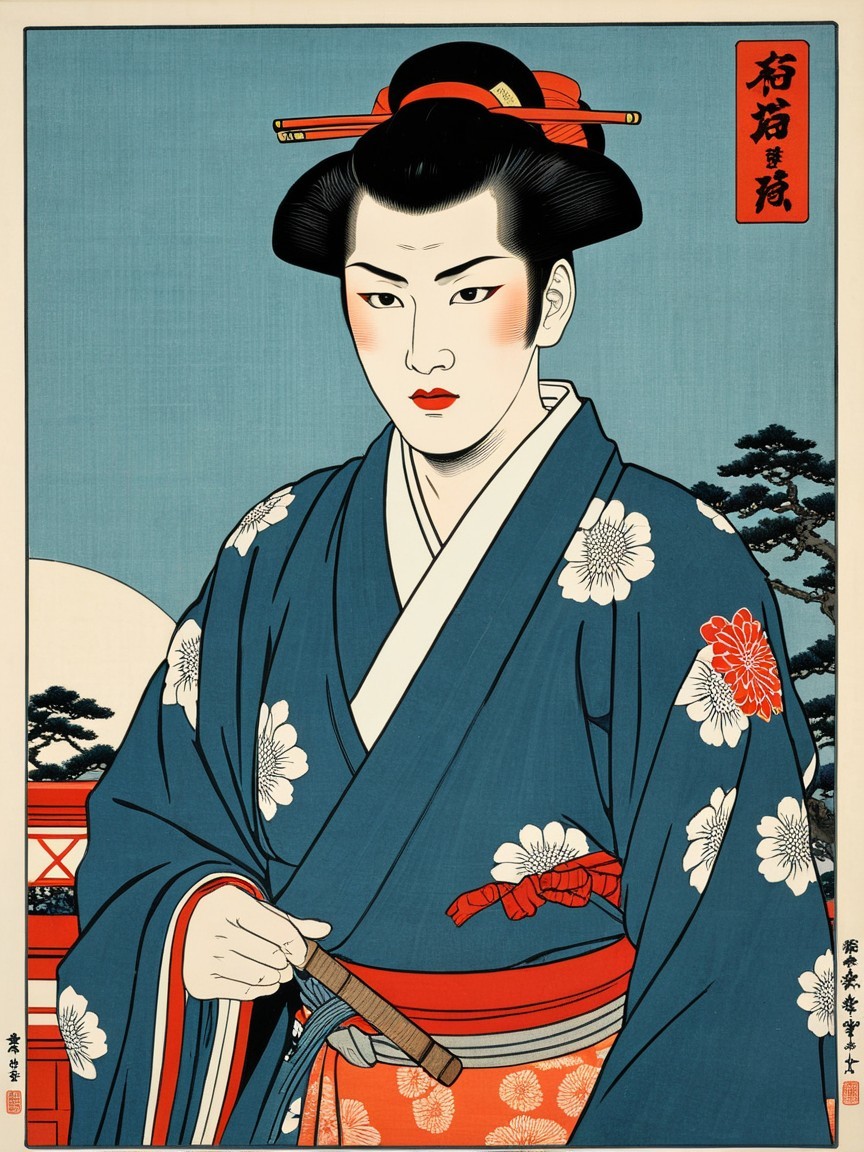 Traditional Japanese Ukiyo-e Print of Woman in Kimono