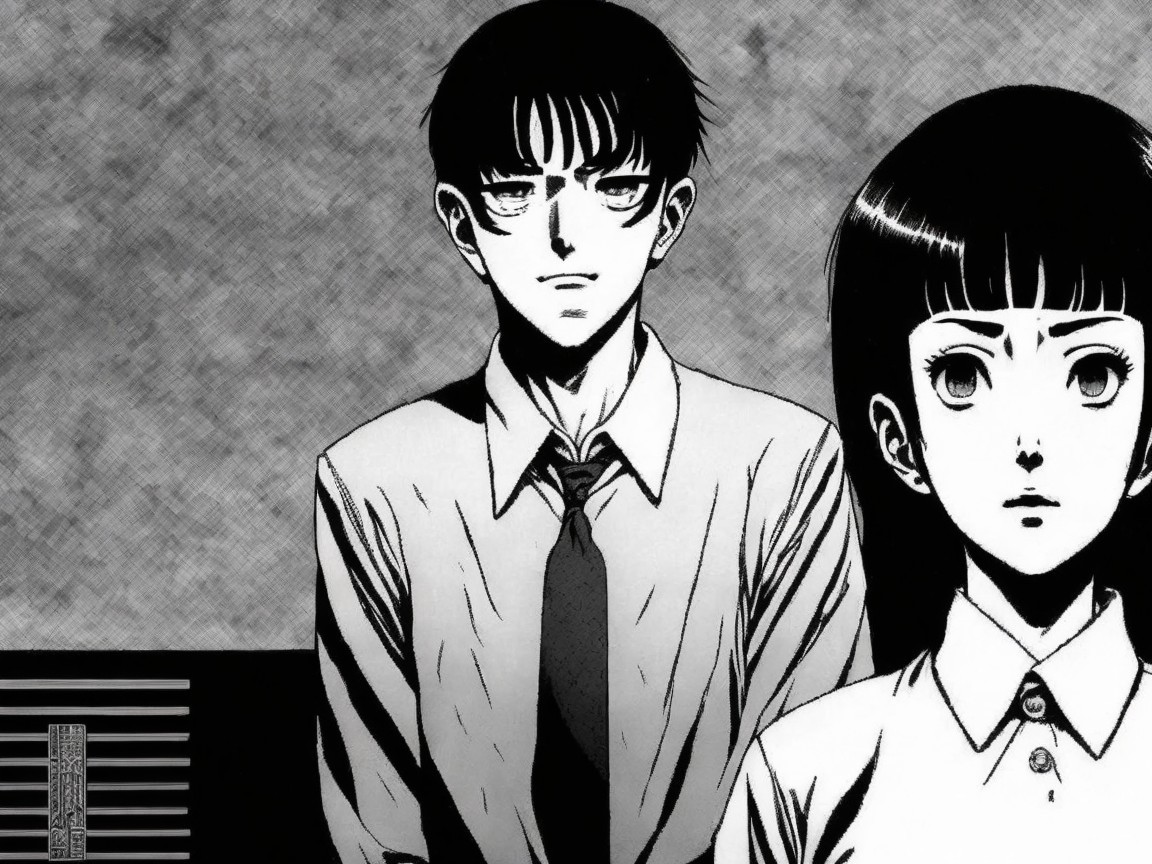 Black-and-white illustration of two seated characters