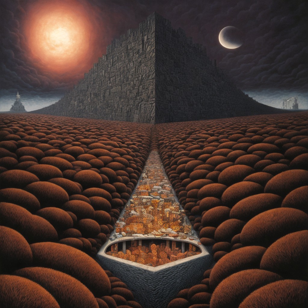 Surreal landscape with jagged mountains and golden valley