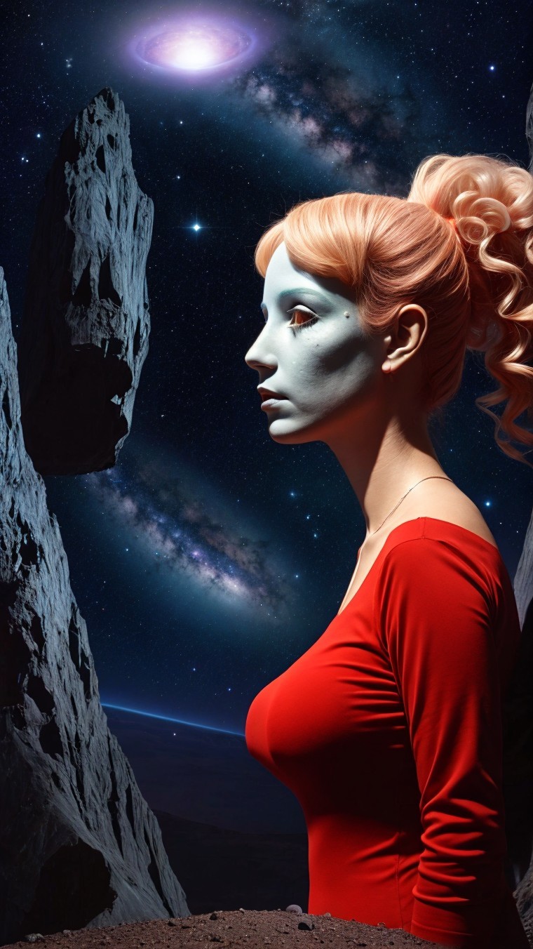 Serene Figure in Red Dress Against Cosmic Backdrop