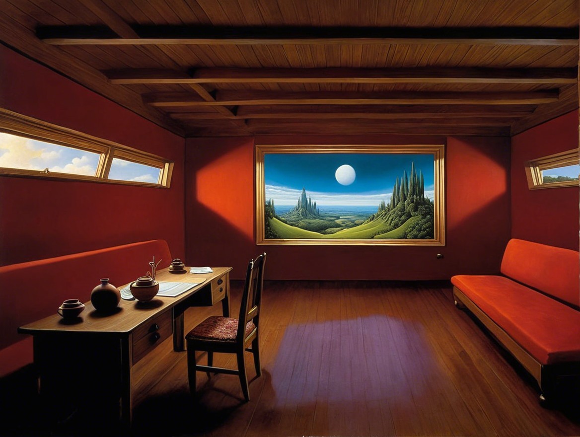 Cozy Minimalist Room with Deep Red Walls and Landscape View