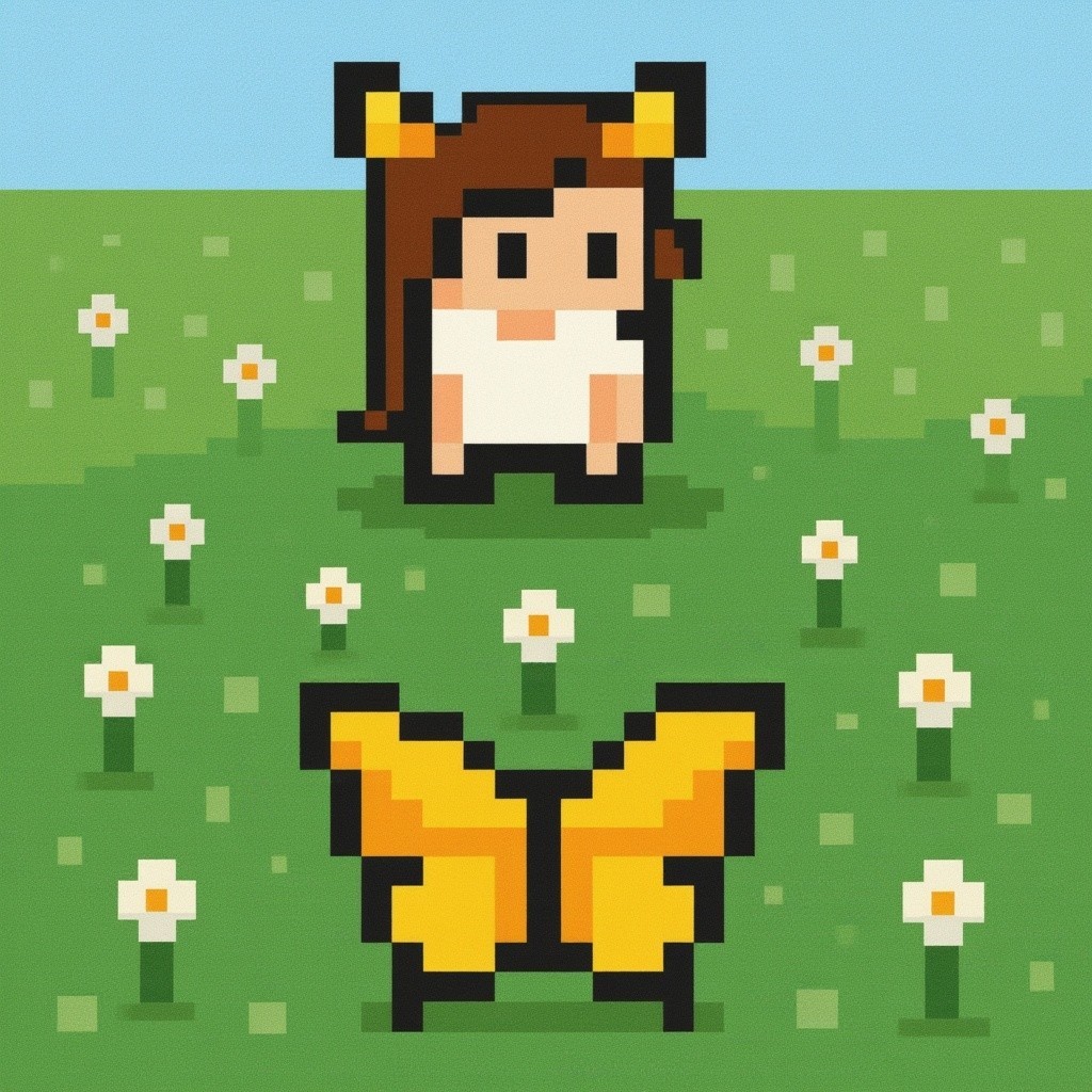 Pixelated Meadow with Character and Yellow Butterfly