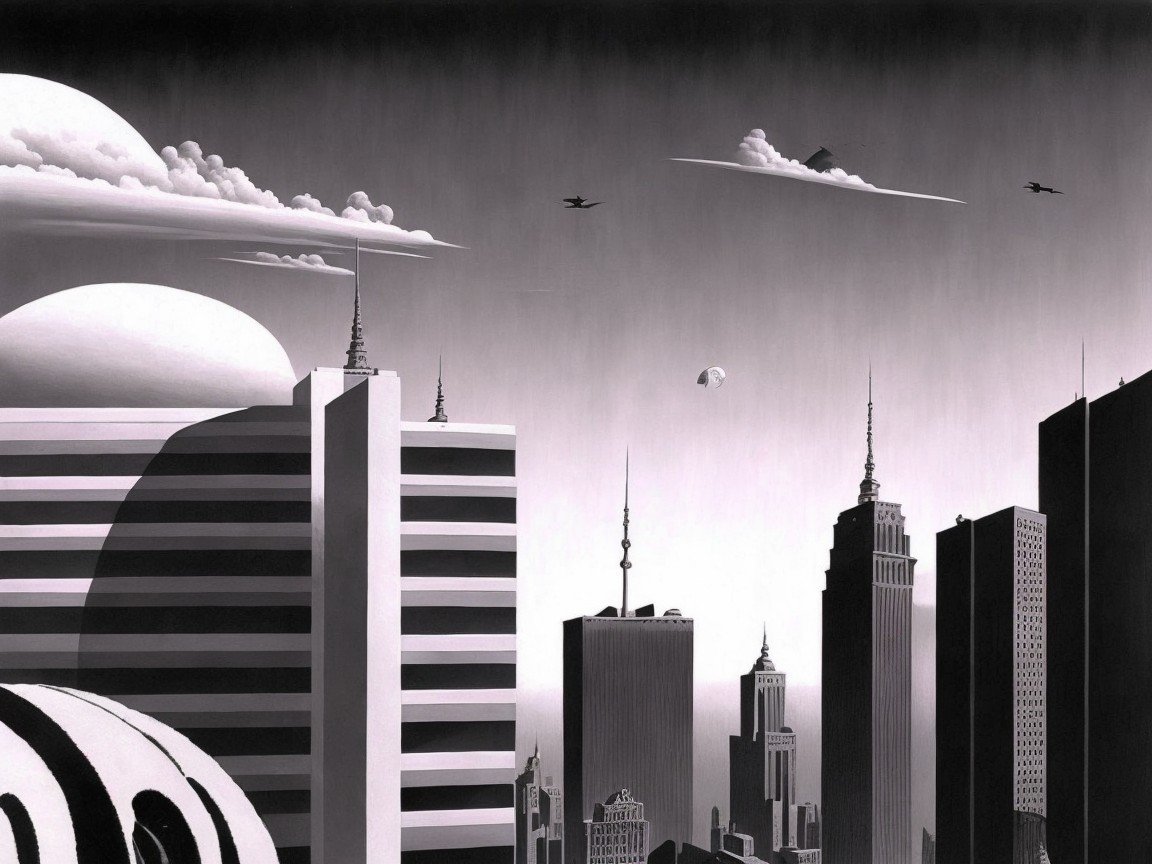 Stylized Black-and-White Cityscape with Skyscrapers