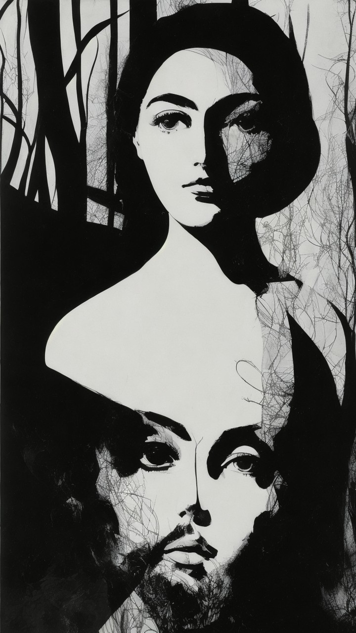 Intertwined Faces in Black and White Artwork