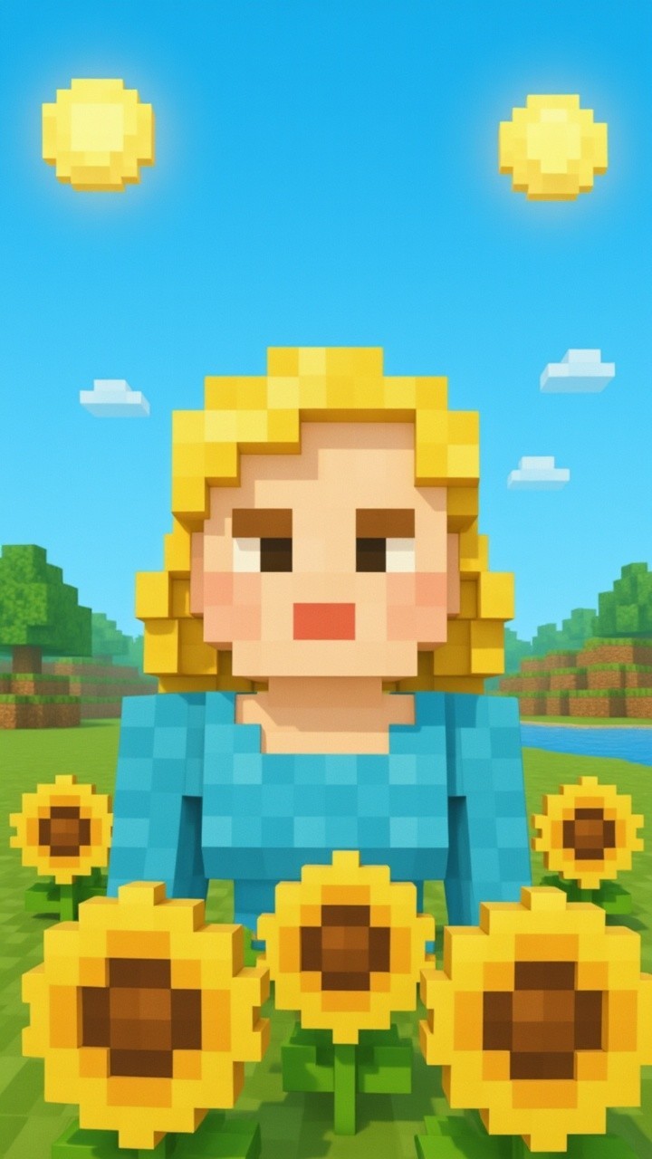Pixelated Character in Sunflower Field Under Blue Sky
