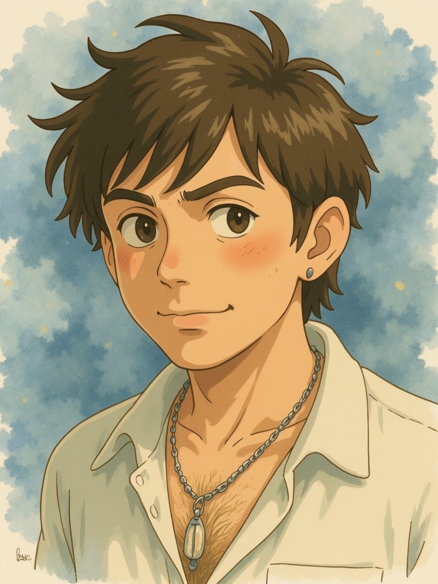 Young man with tousled hair and casual attire