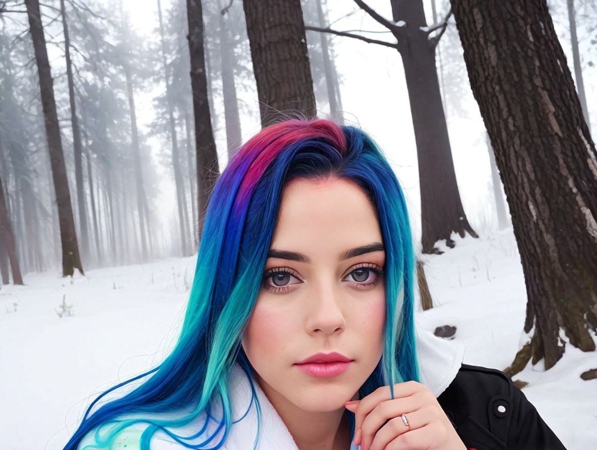 Young Woman with Colorful Hair in Misty Forest