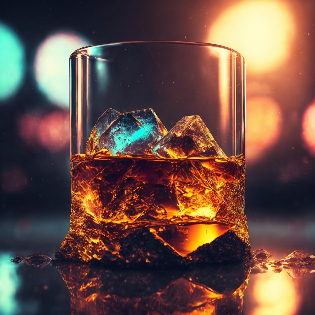 Close-up of Amber Liquid in Glass with Ice Cubes