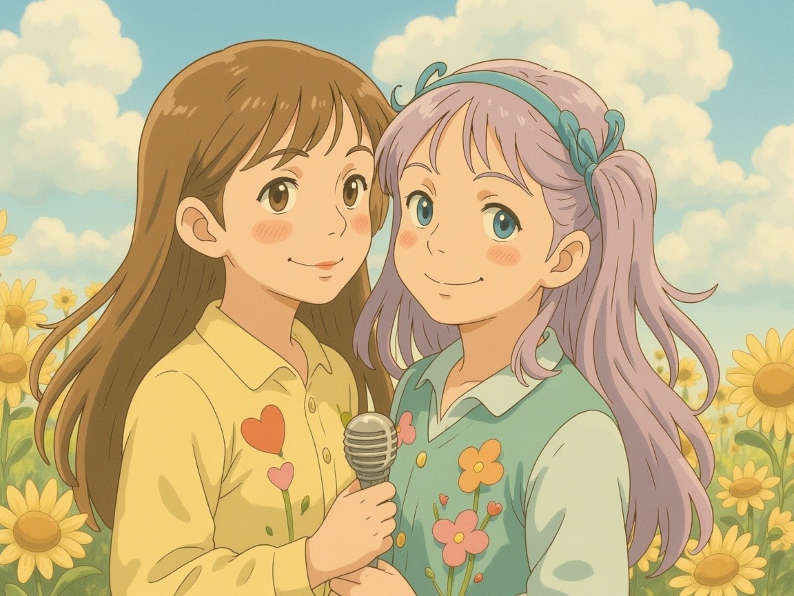 Girls in Sunflower Field with Microphone and Smiles
