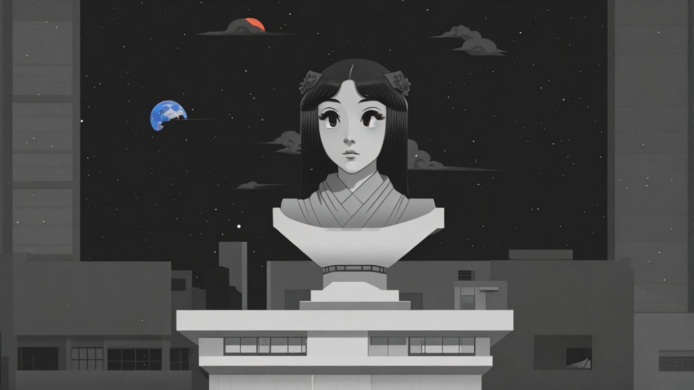 Stylized Bust of Woman with Cityscape and Celestial Elements