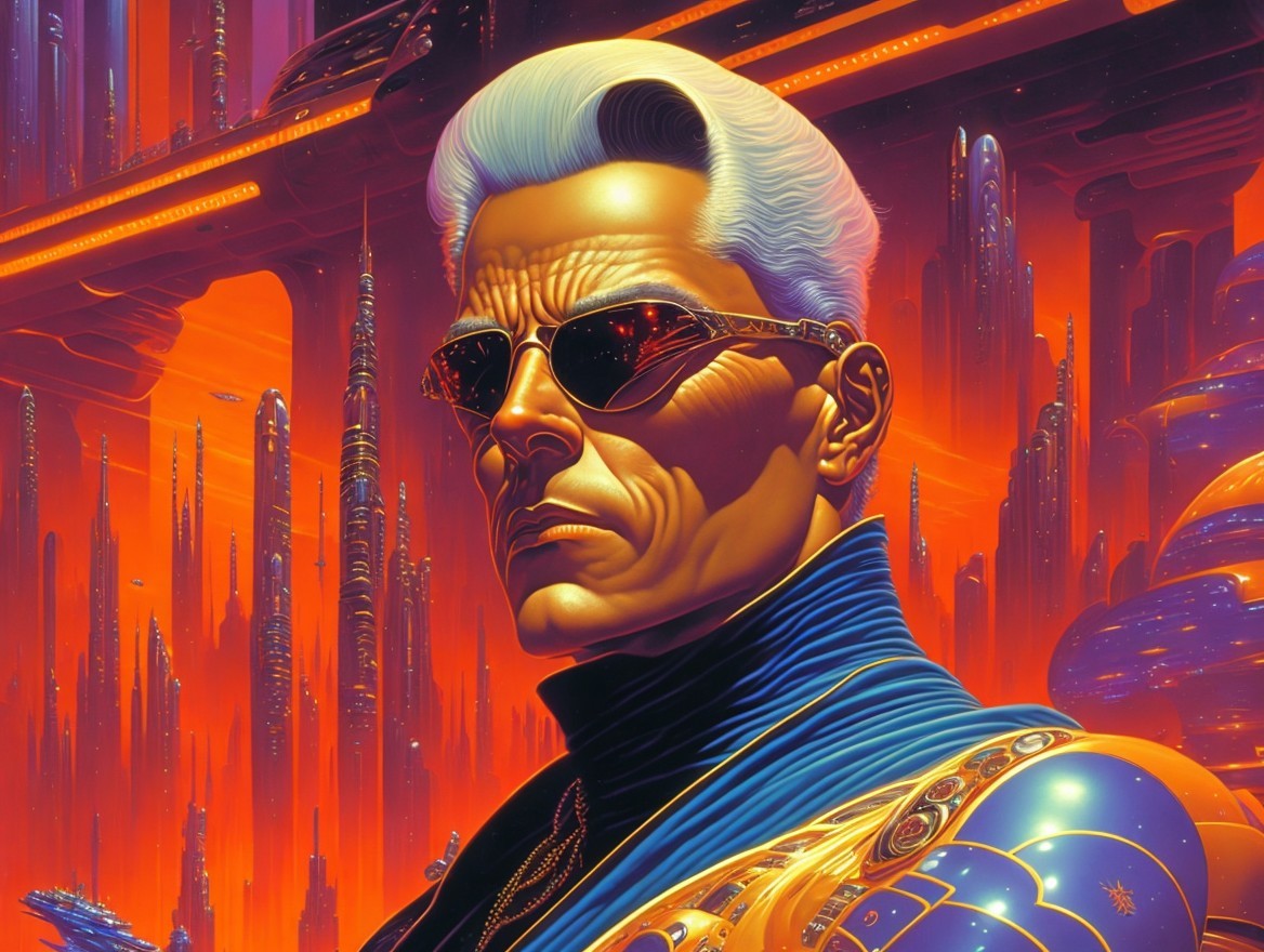 Futuristic figure in vibrant otherworldly setting