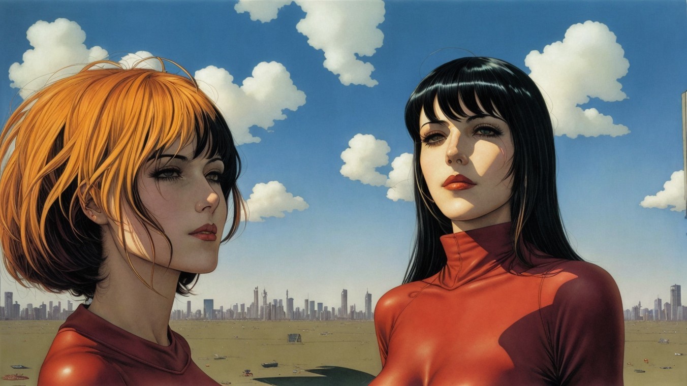 Two Women in Red Outfits Against Futuristic Landscape