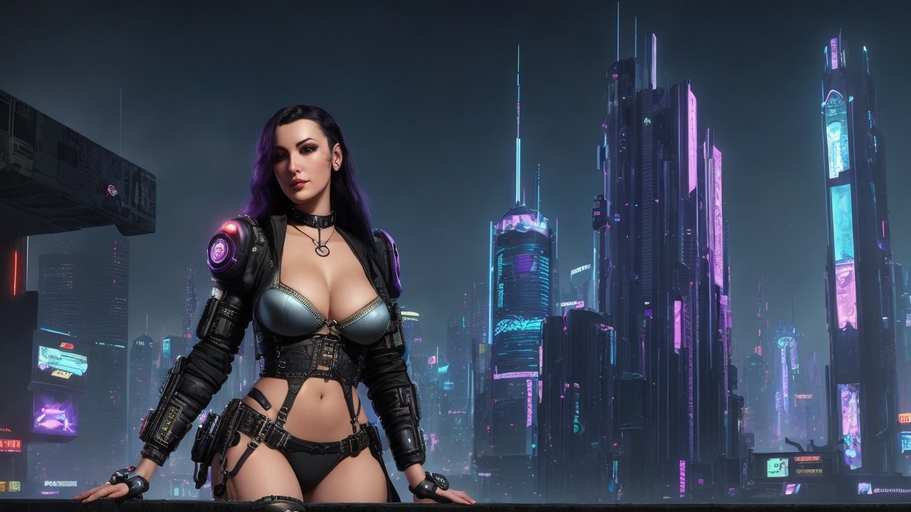 Futuristic Urban Landscape with Neon Lights and Skyscrapers