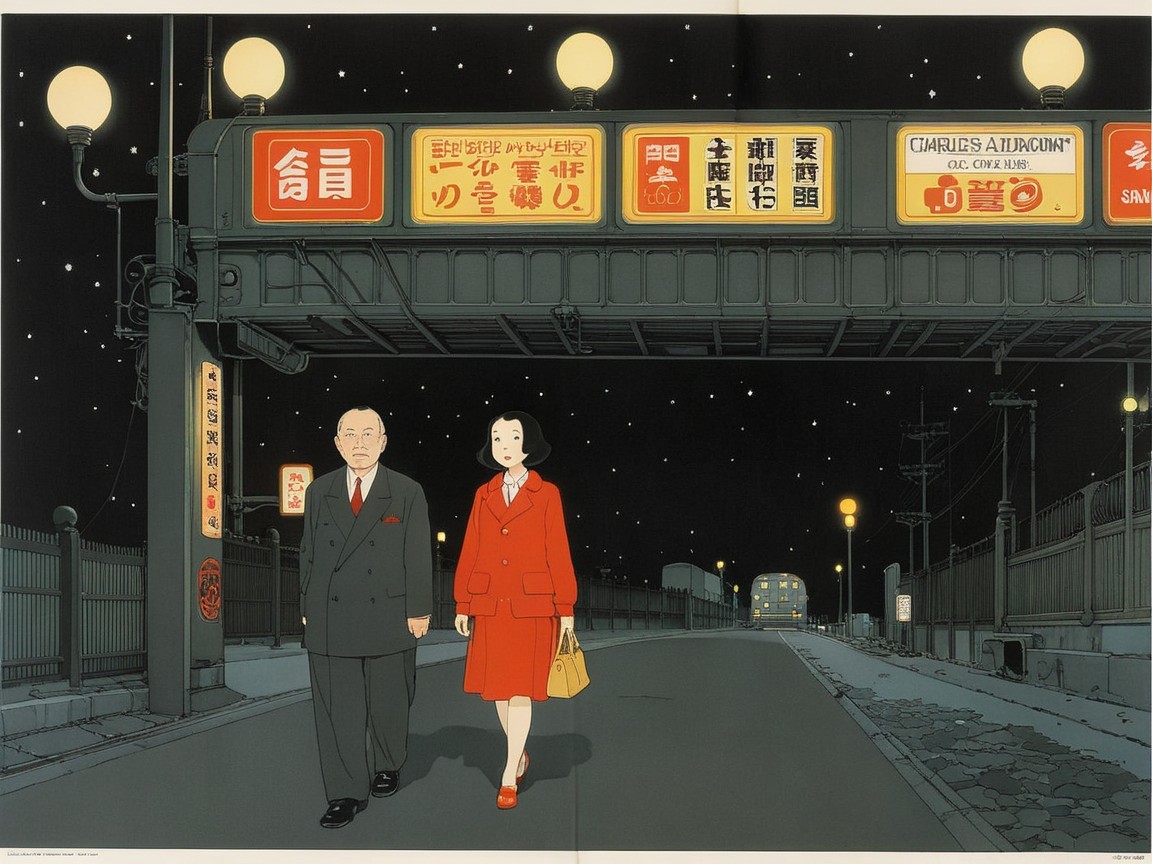 Retro-futuristic scene of a couple in kimonos under overpass