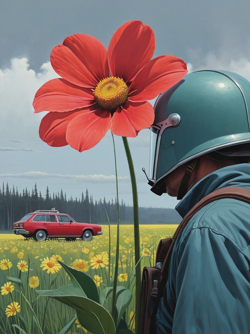 Lone Figure in Helmet in Vibrant Yellow Field