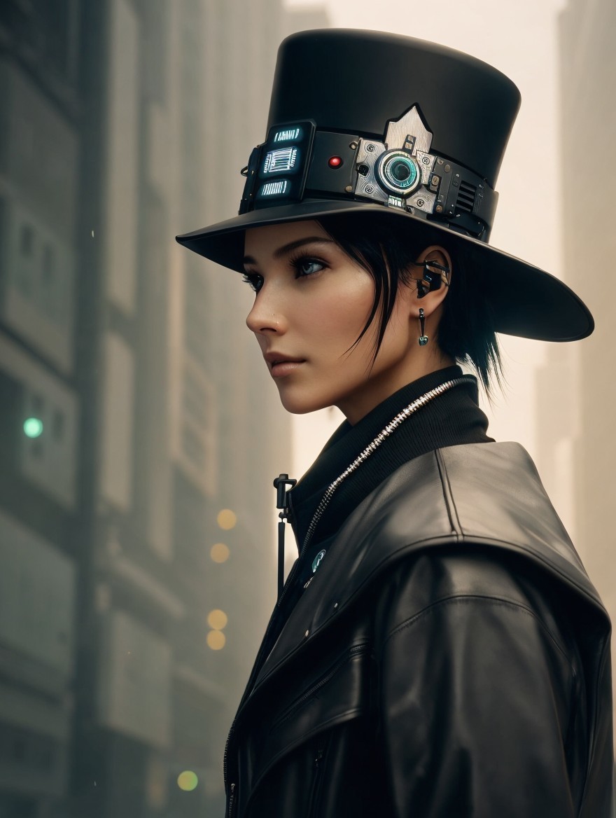 Futuristic Figure in Urban Setting with High-Tech Attire