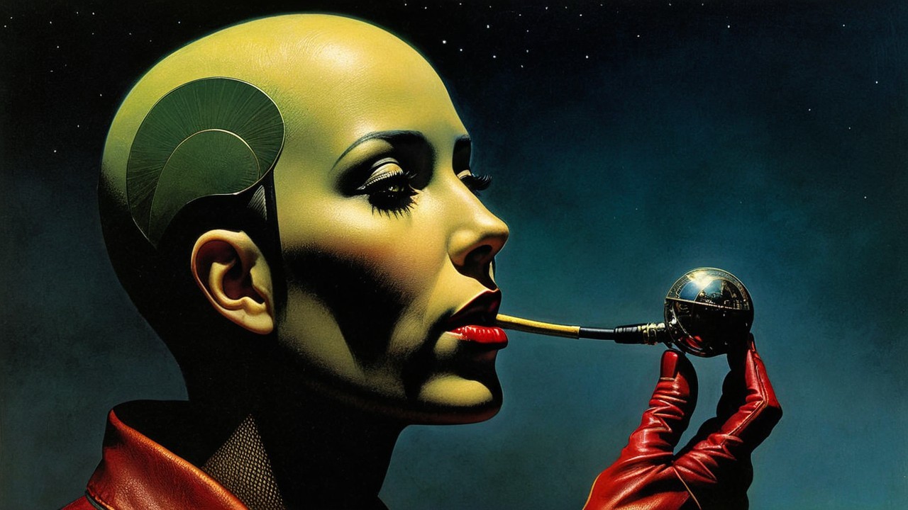 Futuristic figure with circuitry patterns and metallic orb