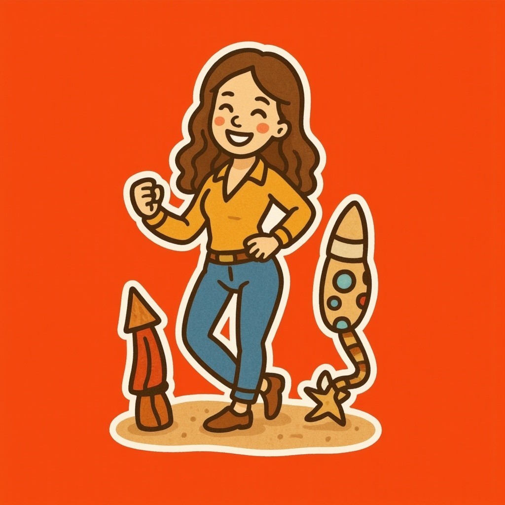 Cheerful Woman with Colorful Rocket Illustrations