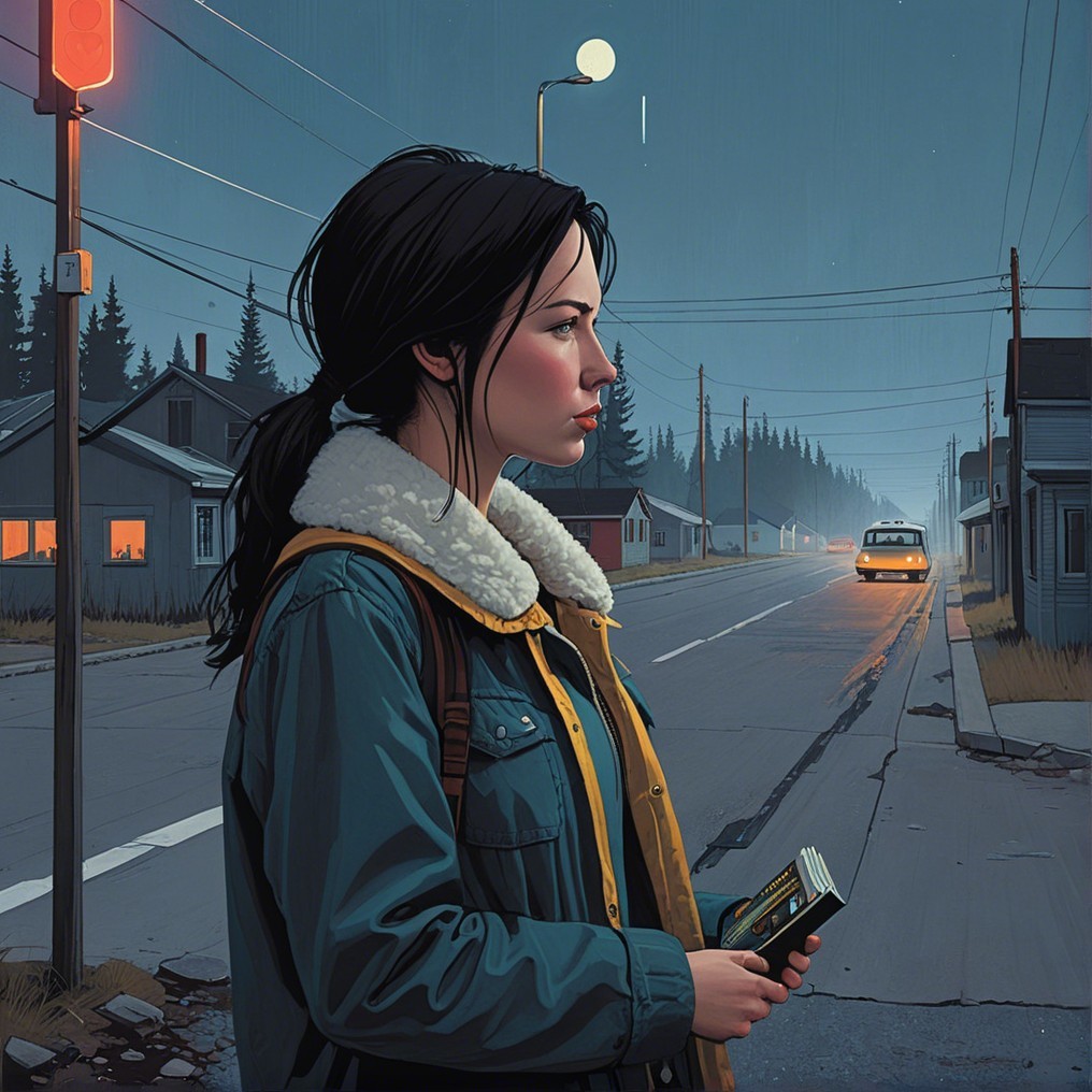 Young woman with book on quiet street at dusk