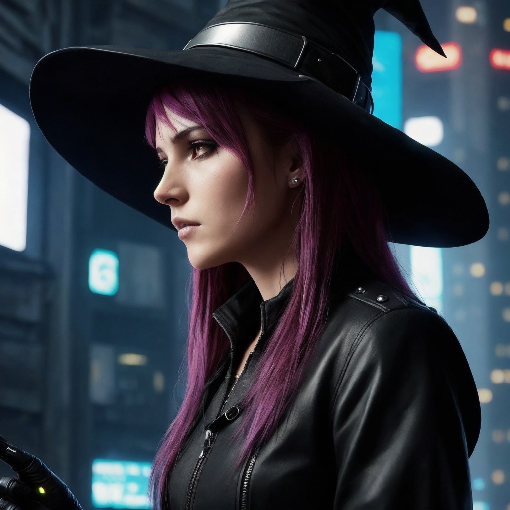 Young woman with purple hair in urban witch attire