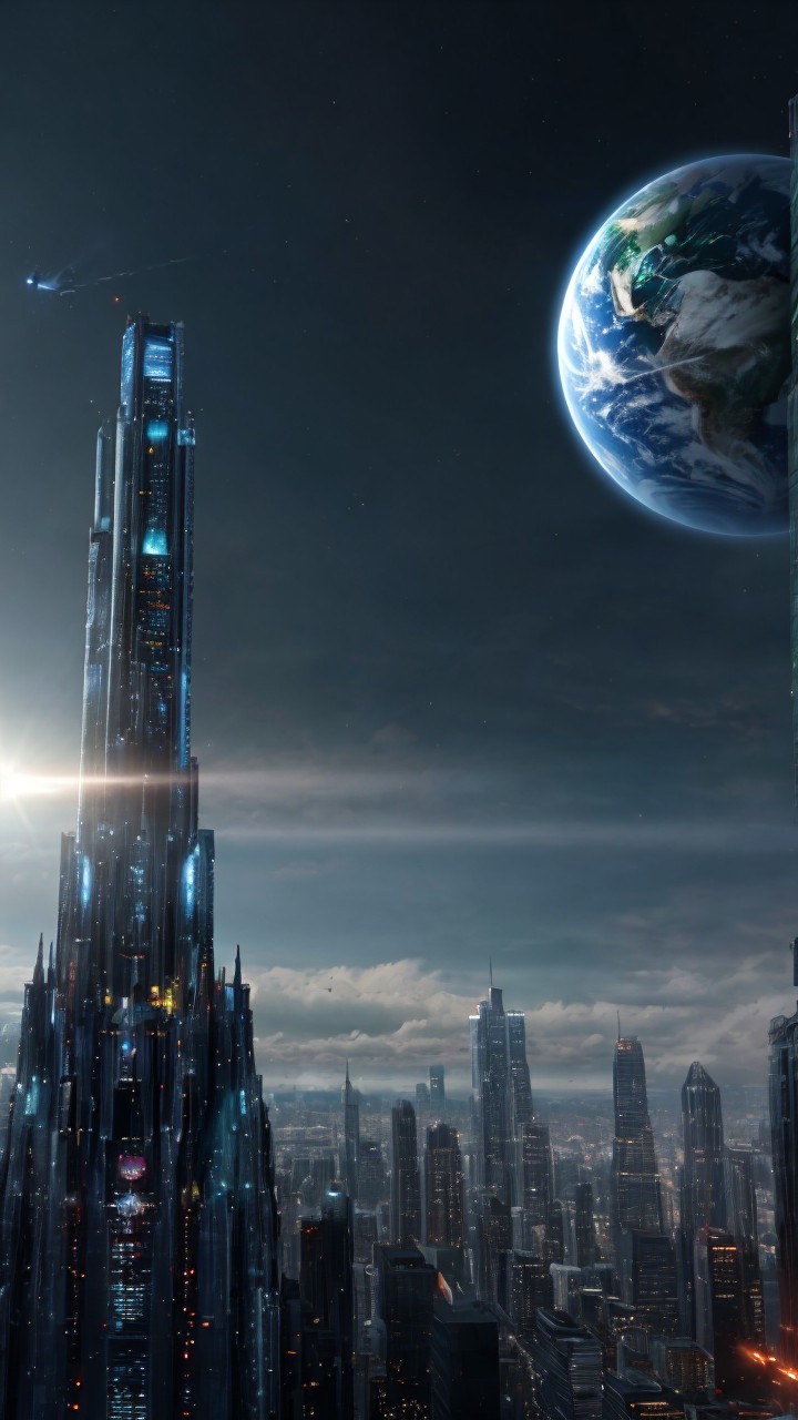 High-angle view of a futuristic alien city skyline