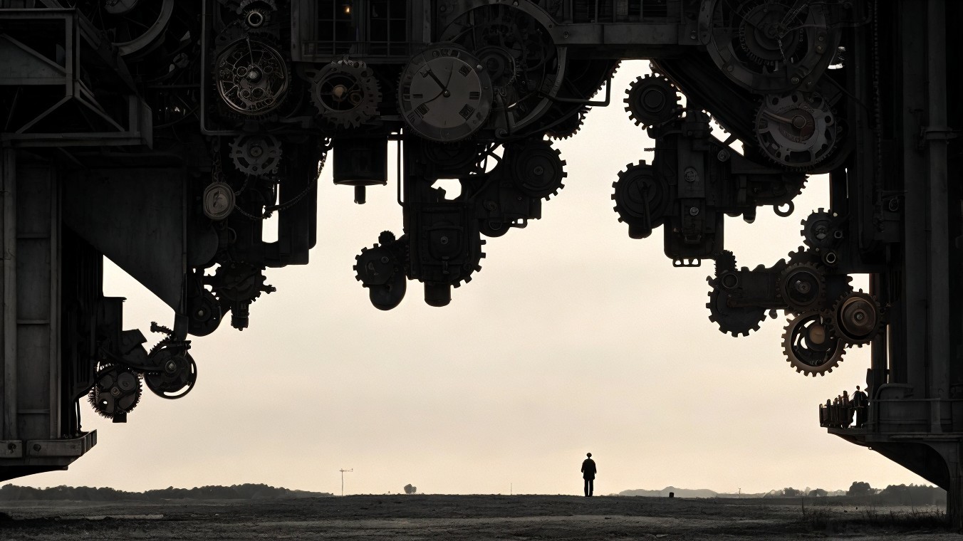 Solitary Figure Beneath Massive Industrial Structure