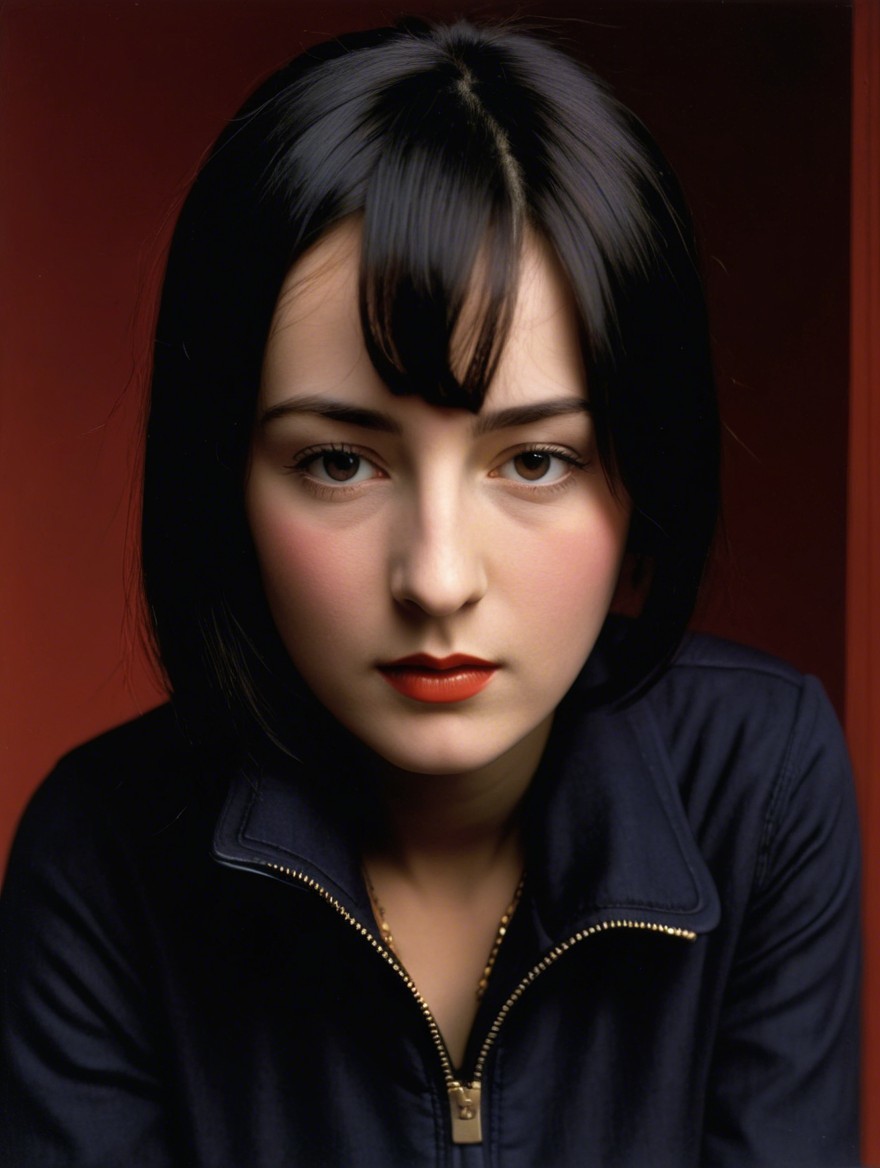 Young woman with dark hair and bold red lips
