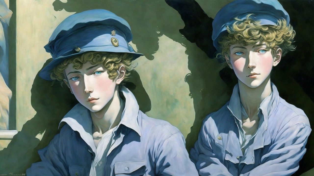 Young Men in Blue Uniforms with Serene Expressions