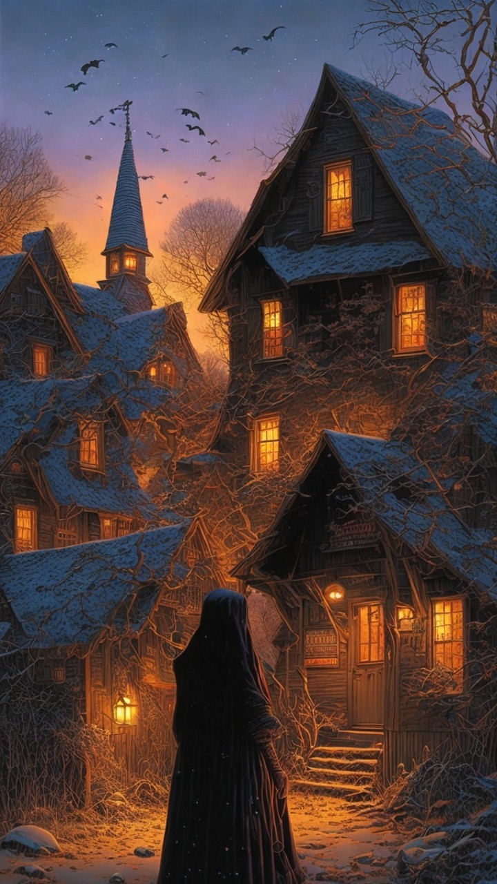 Snow-Covered Village at Dusk with Cloaked Figure