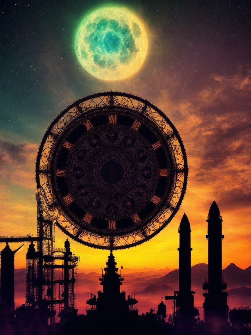 Surreal Landscape with Clock Tower and Rockets