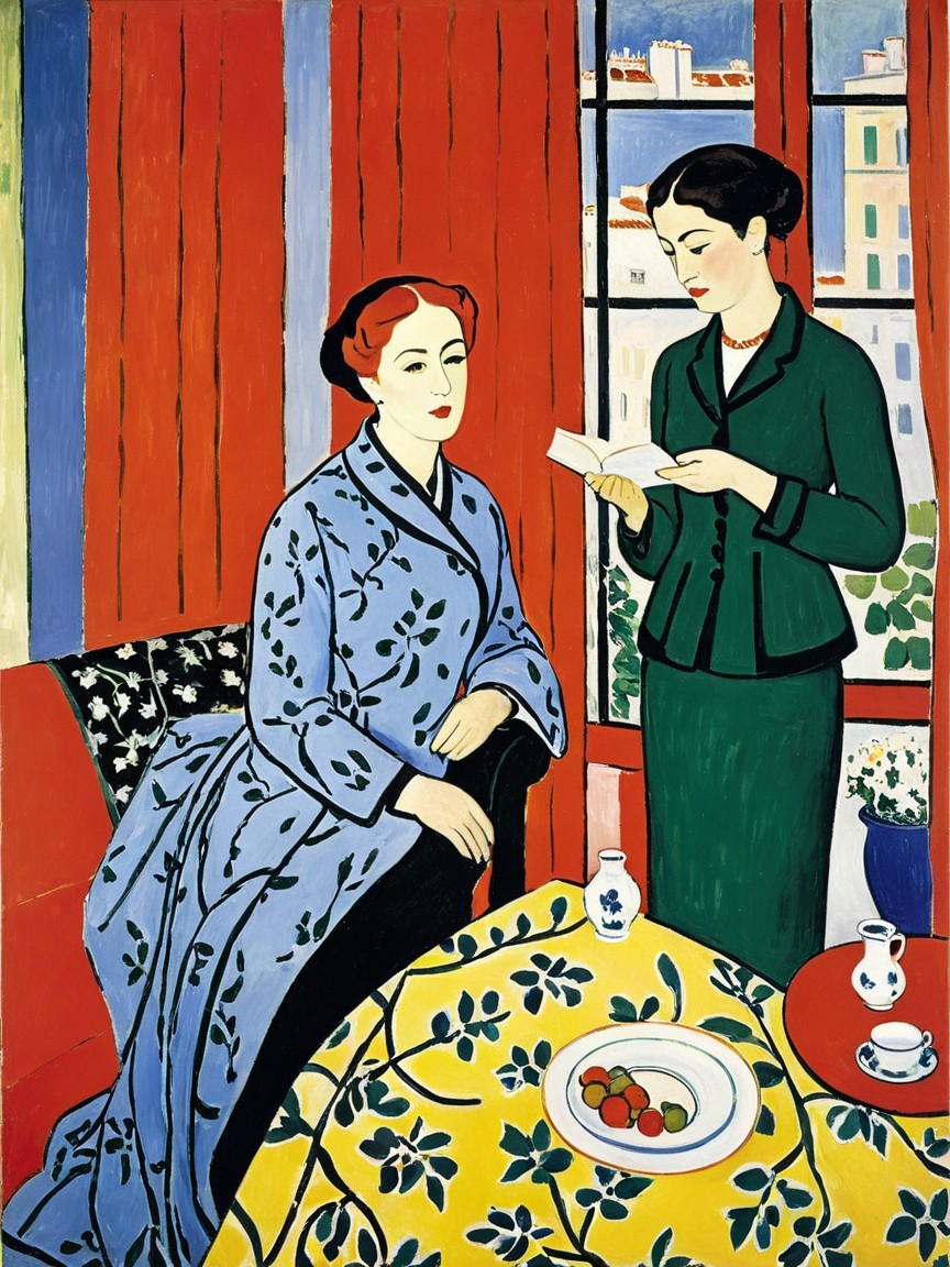 Elegant Women in Bright Interior with Vibrant Colors