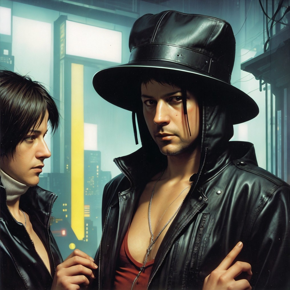 Futuristic Cityscape with Intriguing Couple in Leather