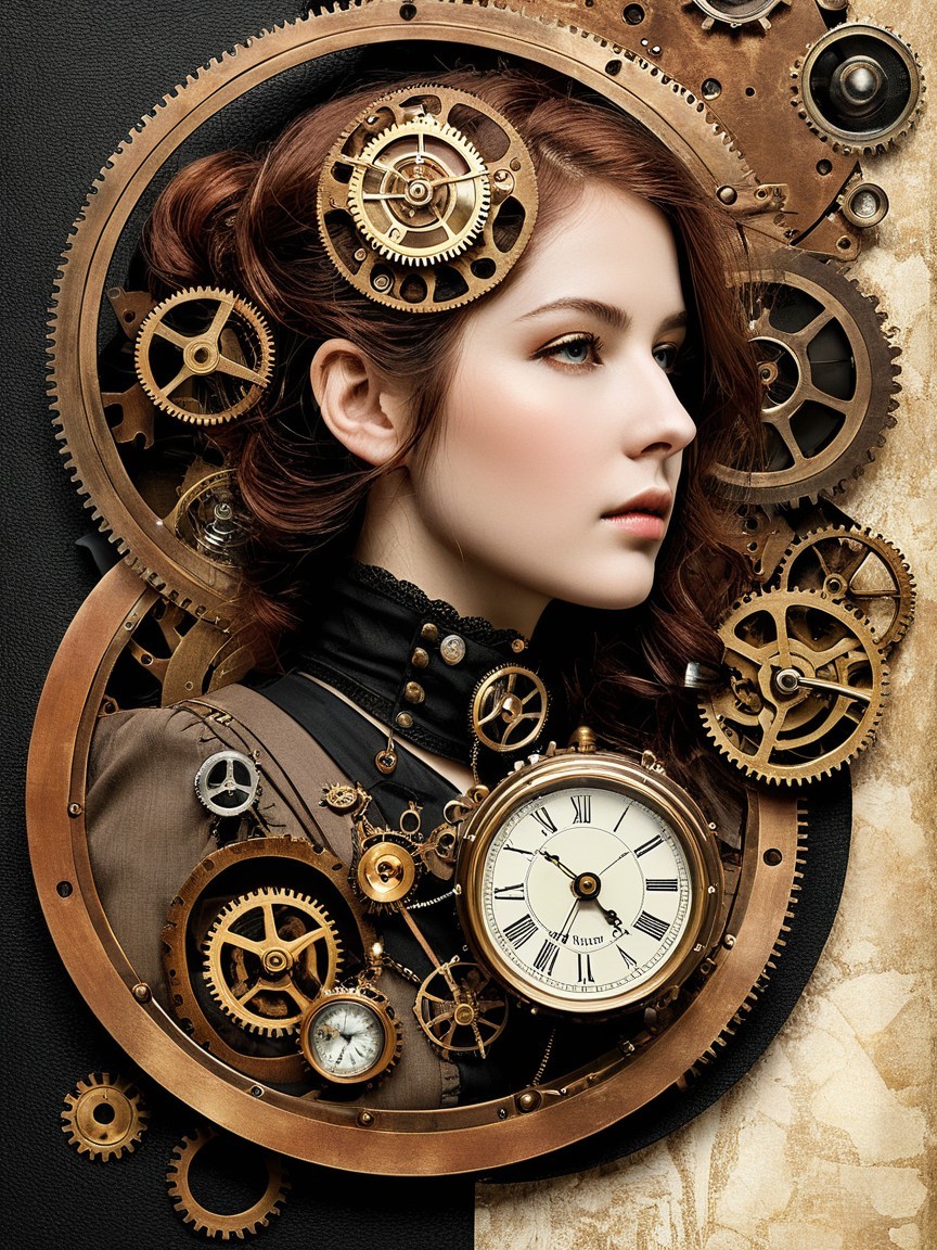 Young Woman in Victorian Steampunk Setting with Clock