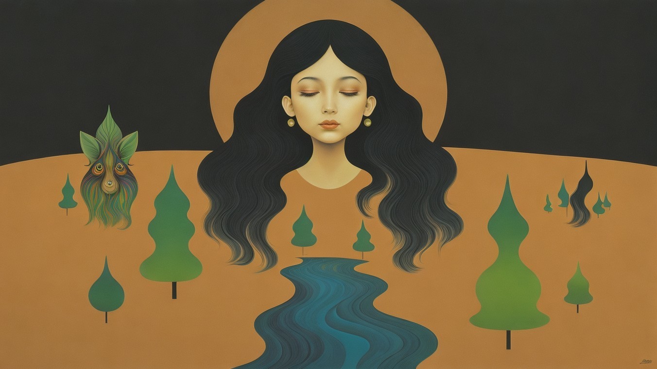 Serene Female Figure with Nature and Surreal Elements