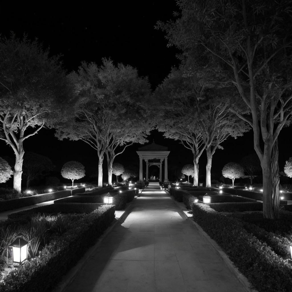 Serene Night Garden with Lanterns and Pavilion